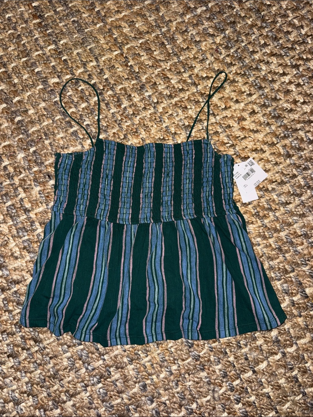 American Eagle Outfitters Green Striped Smocked Cami